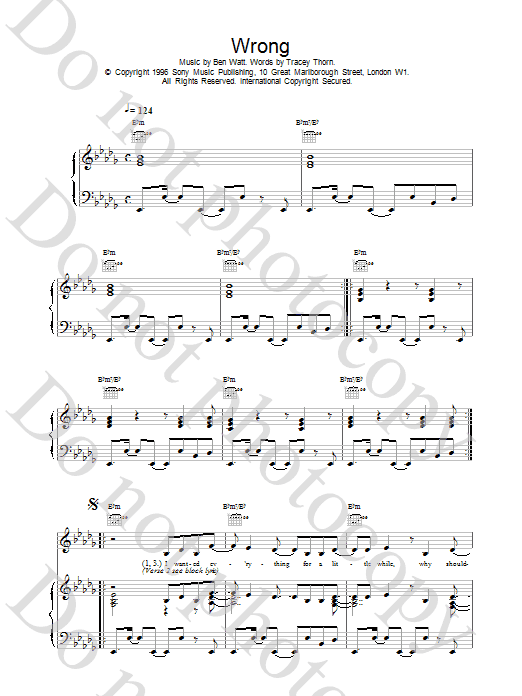 Download Everything But The Girl Wrong Sheet Music and learn how to play Piano, Vocal & Guitar (Right-Hand Melody) PDF digital score in minutes
