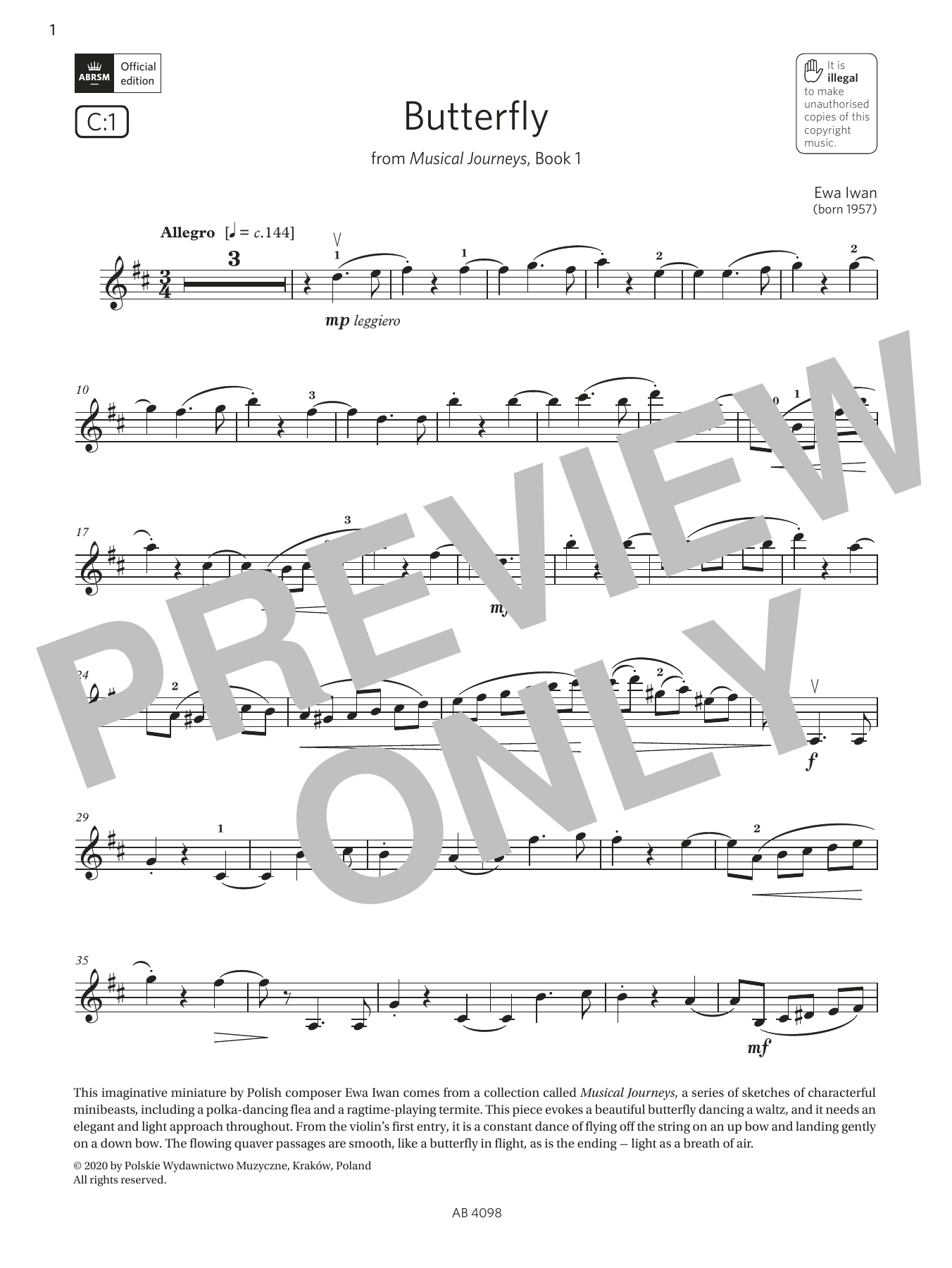 Download Ewa Iwan Butterfly (Grade 4, C1, from the ABRSM Violin Syllabus from 2024) Sheet Music and learn how to play Violin Solo PDF digital score in minutes