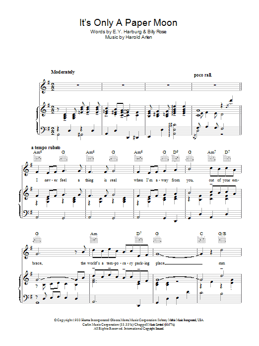 Download Harold Arlen It's Only A Paper Moon Sheet Music and learn how to play Piano, Vocal & Guitar (Right-Hand Melody) PDF digital score in minutes