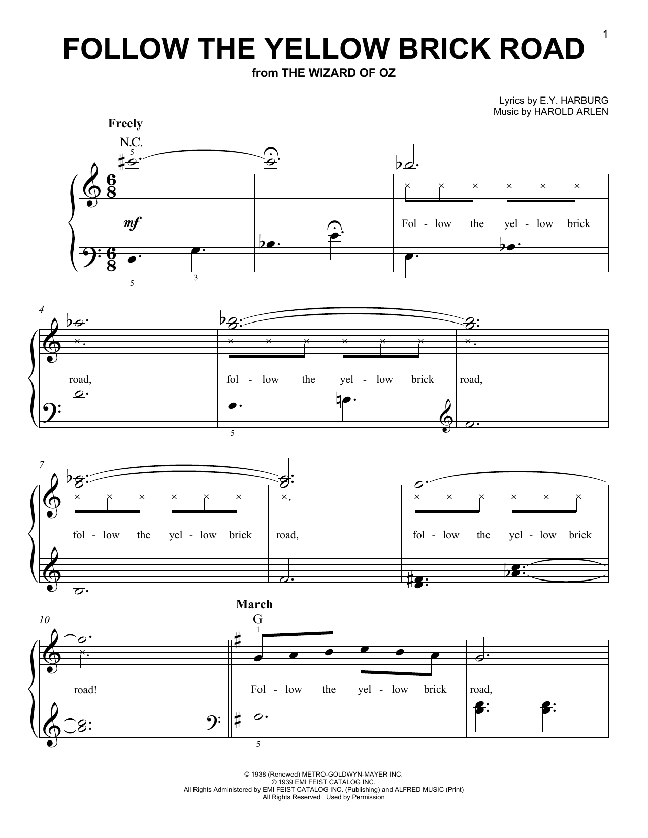 Download E.Y. Harburg Follow The Yellow Brick Road (from The Wizard Of Oz) Sheet Music and learn how to play Easy Piano PDF digital score in minutes