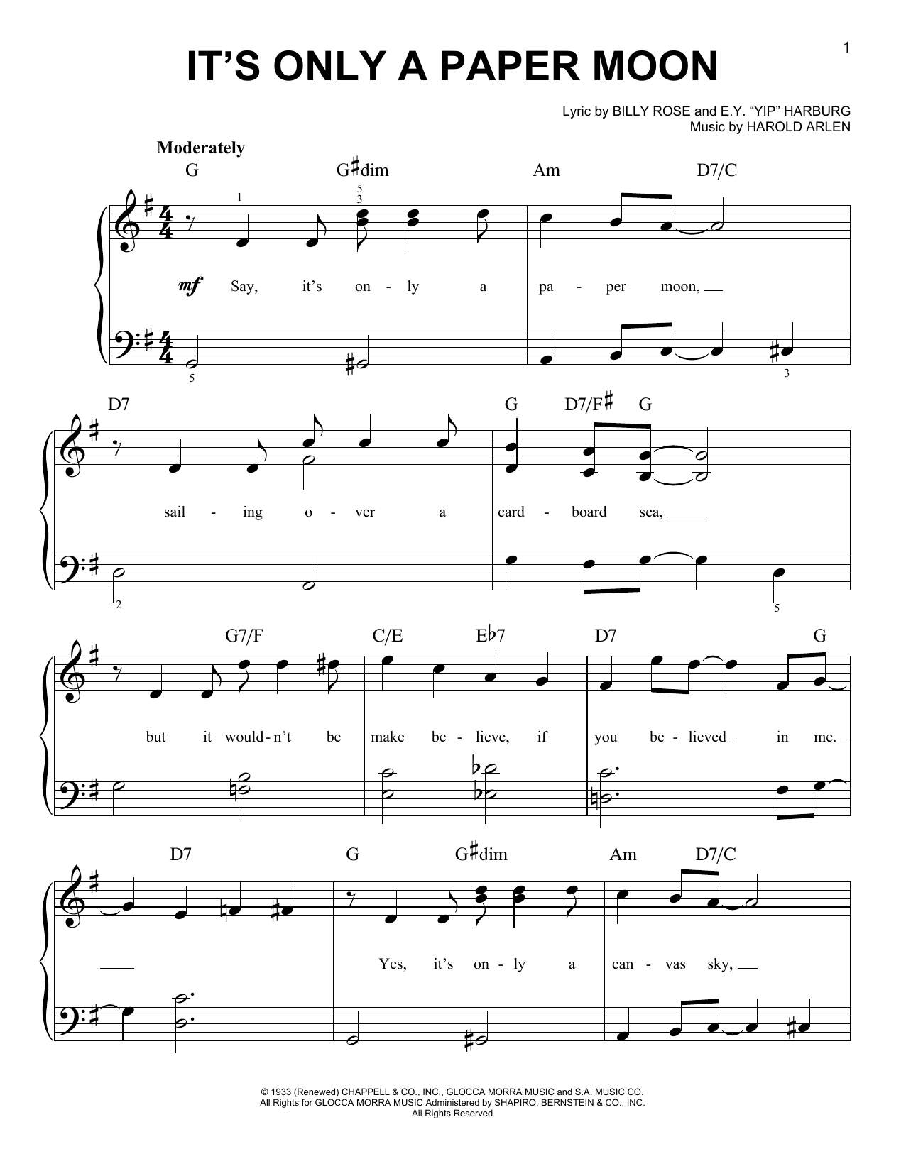 Download E.Y. Harburg It's Only A Paper Moon Sheet Music and learn how to play Real Book - Melody, Lyrics & Chords - C Instruments PDF digital score in minutes