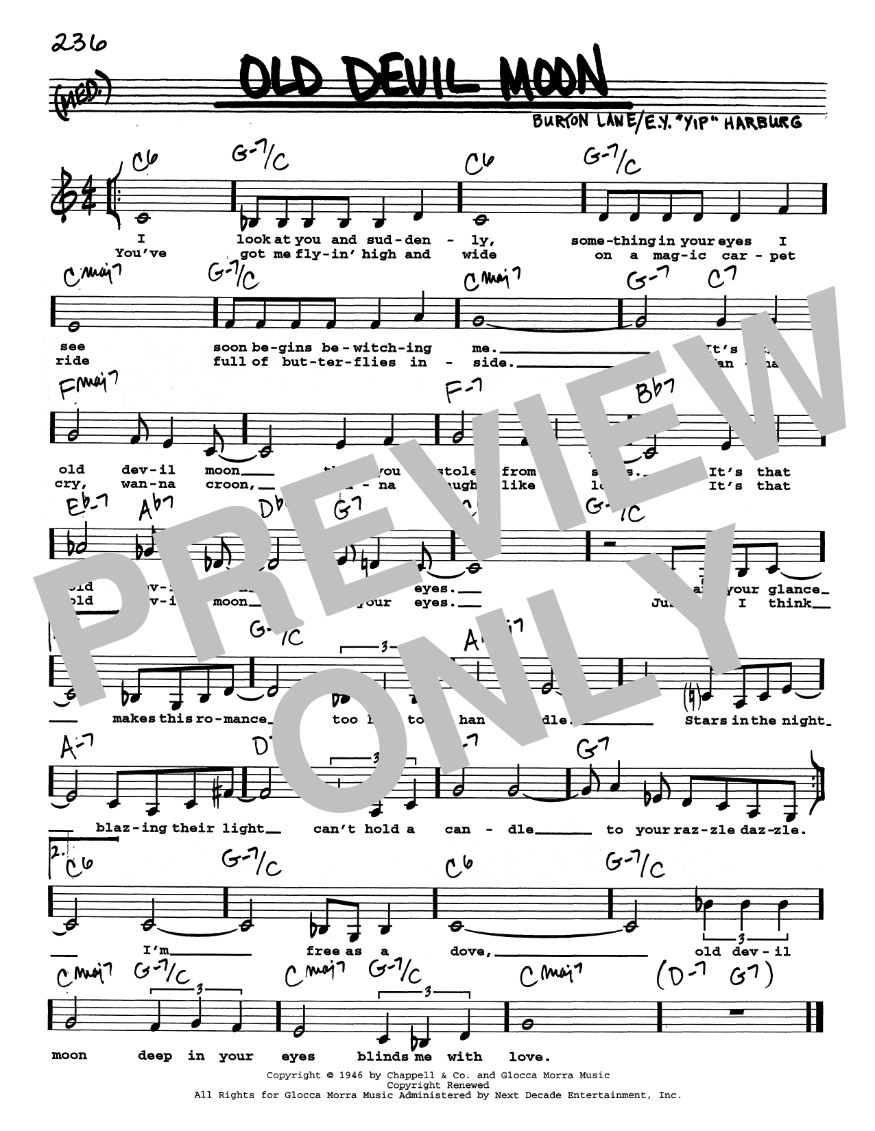 Download E.Y. Harburg Old Devil Moon (Low Voice) Sheet Music and learn how to play Real Book – Melody, Lyrics & Chords PDF digital score in minutes