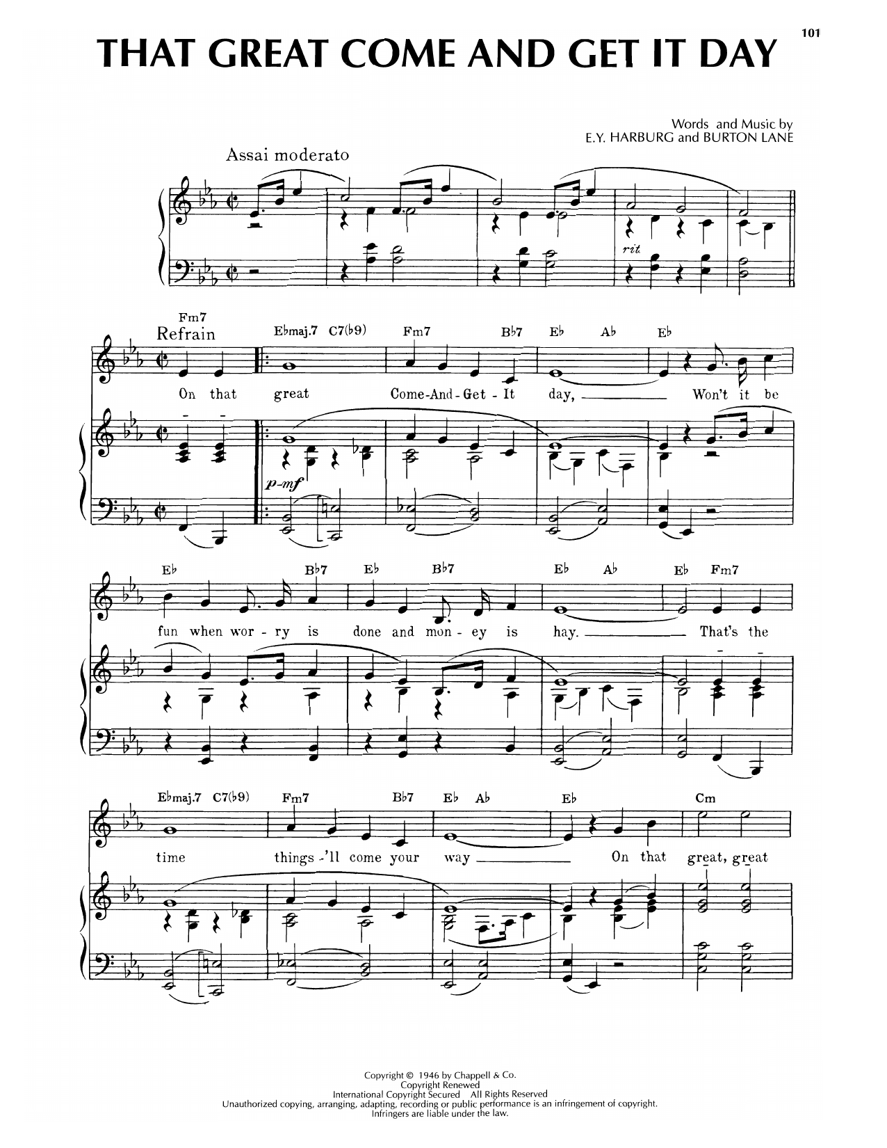 Download E.Y. Harburg That Great Come-And-Get-It-Day (from Finian's Rainbow) Sheet Music and learn how to play Piano, Vocal & Guitar Chords (Right-Hand Melody) PDF digital score in minutes