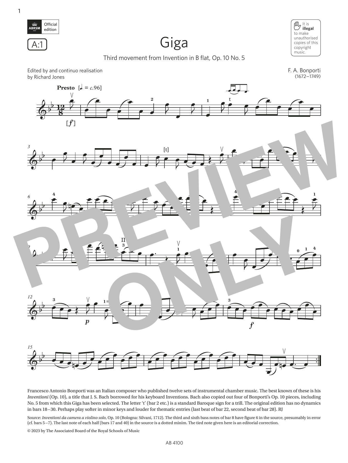 Download F. A. Bonporti Giga (Grade 6, A1, from the ABRSM Violin Syllabus from 2024) Sheet Music and learn how to play Violin Solo PDF digital score in minutes