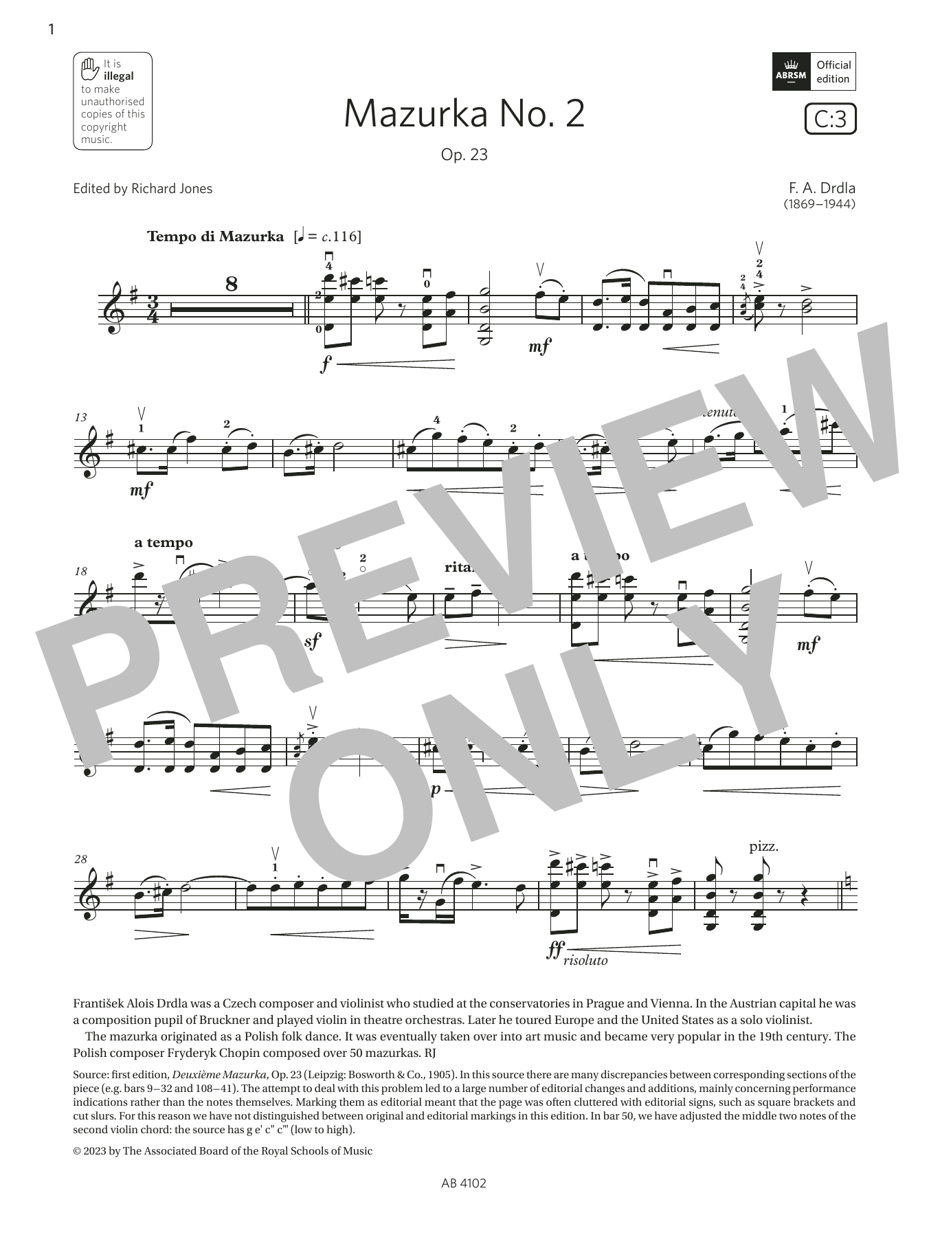 Download F. A. Drdla Mazurka No. 2 (Grade 8, C3, from the ABRSM Violin Syllabus from 2024) Sheet Music and learn how to play Violin Solo PDF digital score in minutes