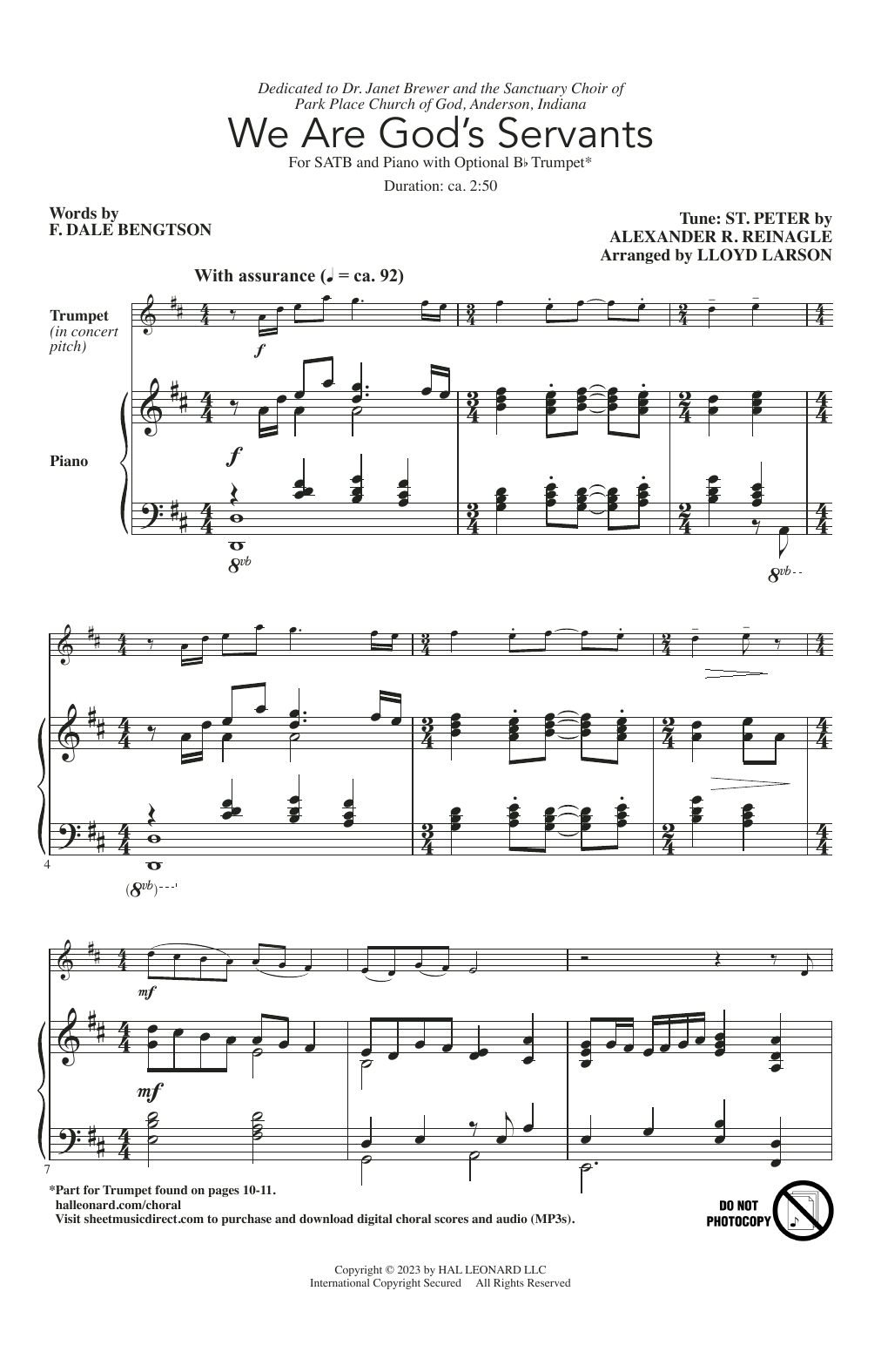 Download F. Dale Bengtson We Are God's Servants (arr. Lloyd Larson) Sheet Music and learn how to play SATB Choir PDF digital score in minutes