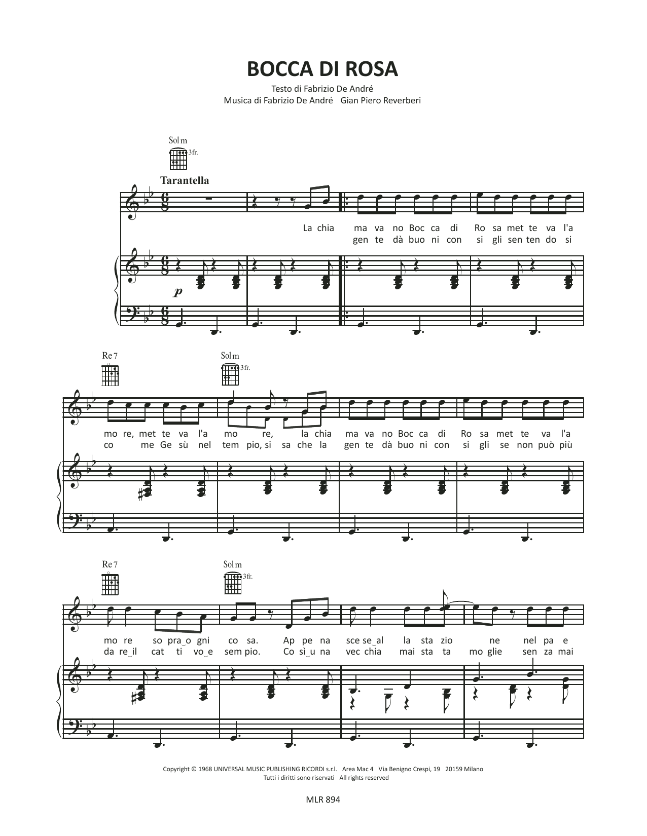Download Fabrizio De André Bocca di rosa Sheet Music and learn how to play Piano & Vocal PDF digital score in minutes