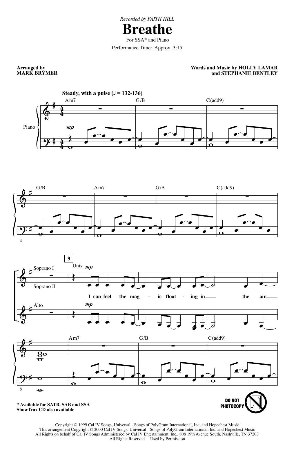 Download Faith Hill Breathe (arr. Mark Brymer) Sheet Music and learn how to play SATB Choir PDF digital score in minutes