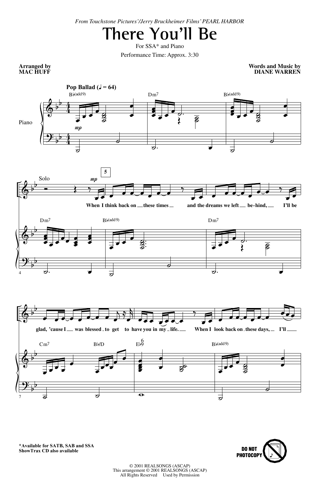 Download Faith Hill There You'll Be (from Pearl Harbor) (arr. Mac Huff) Sheet Music and learn how to play SAB Choir PDF digital score in minutes