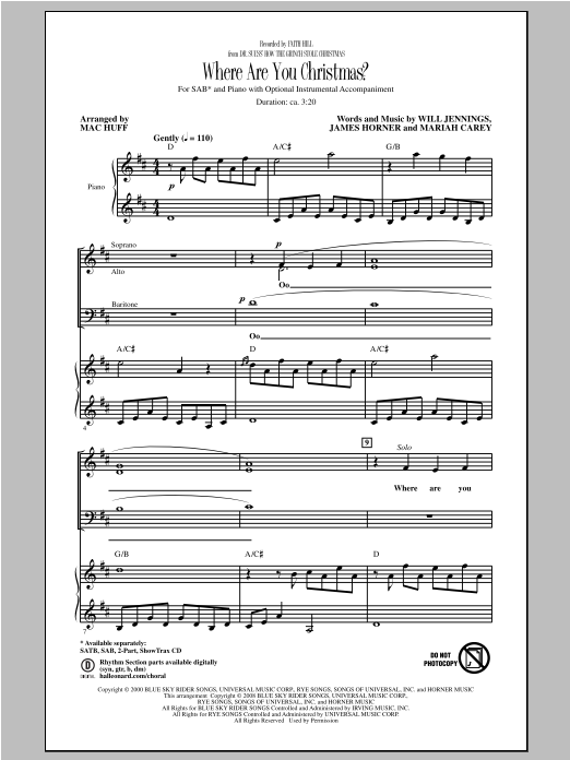 Download Faith Hill Where Are You Christmas? (arr. Mac Huff) Sheet Music and learn how to play SAB PDF digital score in minutes
