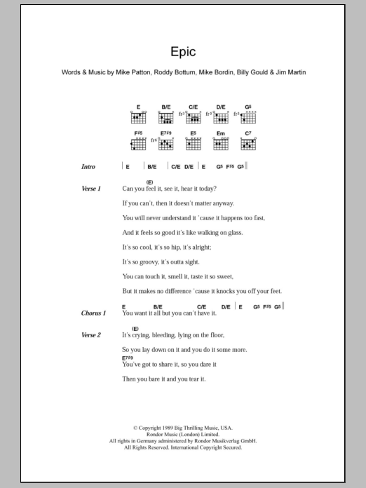 Download Faith No More Epic Sheet Music and learn how to play Lyrics & Chords PDF digital score in minutes