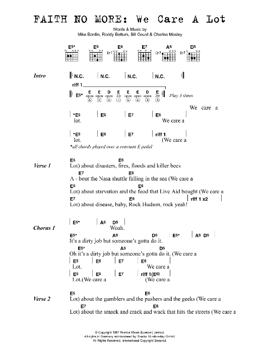 Download Faith No More We Care A Lot Sheet Music and learn how to play Lyrics & Chords PDF digital score in minutes