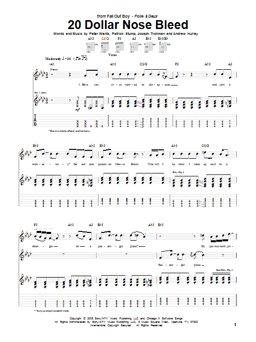 Download Fall Out Boy 20 Dollar Nose Bleed Sheet Music and learn how to play Guitar Tab PDF digital score in minutes