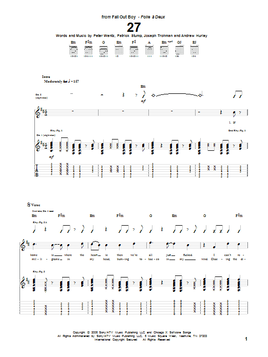 Download Fall Out Boy 27 Sheet Music and learn how to play Guitar Tab PDF digital score in minutes