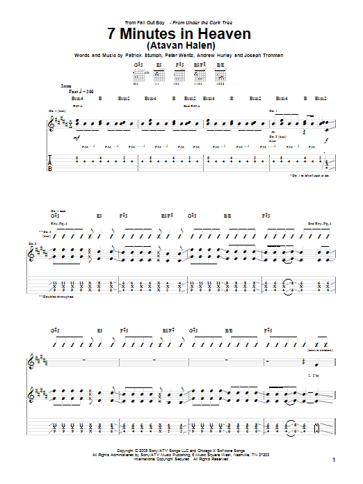 Download Fall Out Boy 7 Minutes In Heaven (Atavan Halen) Sheet Music and learn how to play Guitar Tab PDF digital score in minutes