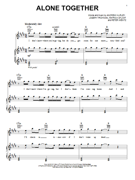 Download Fall Out Boy Alone Together Sheet Music and learn how to play Piano, Vocal & Guitar (Right-Hand Melody) PDF digital score in minutes