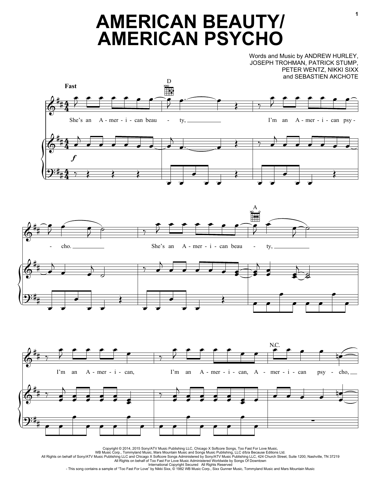 Download Fall Out Boy American Beauty/American Psycho Sheet Music and learn how to play Piano, Vocal & Guitar (Right-Hand Melody) PDF digital score in minutes