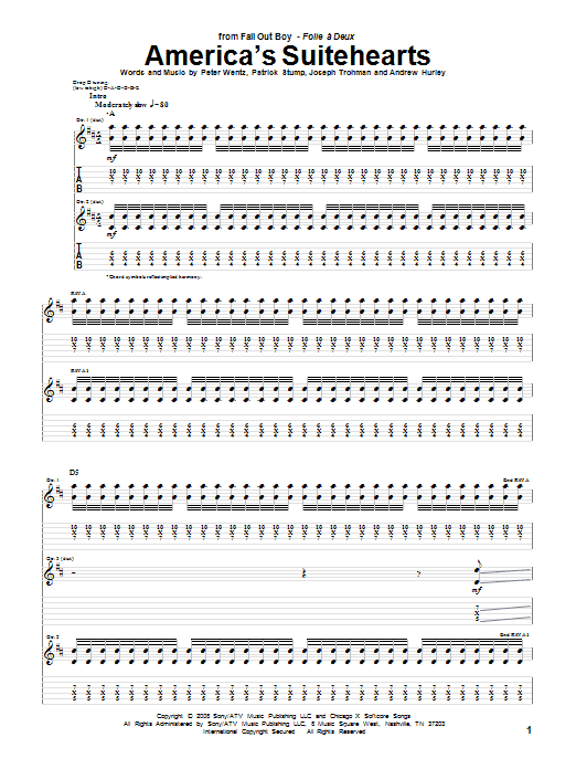 Download Fall Out Boy America's Suitehearts Sheet Music and learn how to play Guitar Tab PDF digital score in minutes