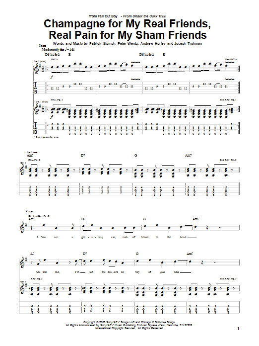 Download Fall Out Boy Champagne For My Real Friends, Real Pain For My Sham Friends Sheet Music and learn how to play Guitar Tab PDF digital score in minutes
