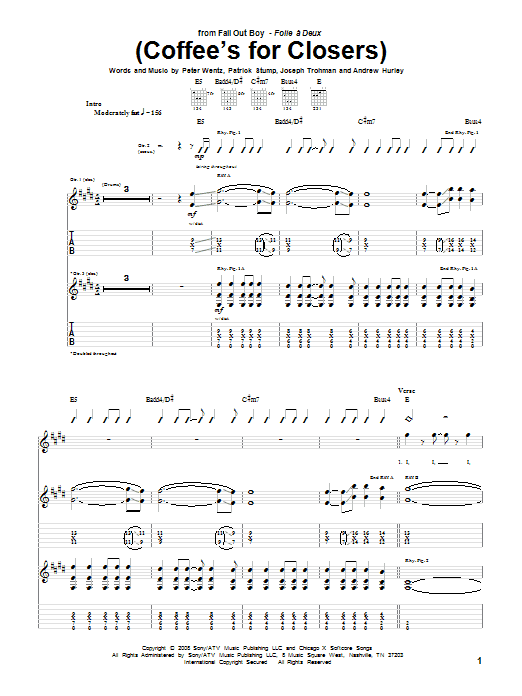 Download Fall Out Boy (Coffee's For Closers) Sheet Music and learn how to play Guitar Tab PDF digital score in minutes