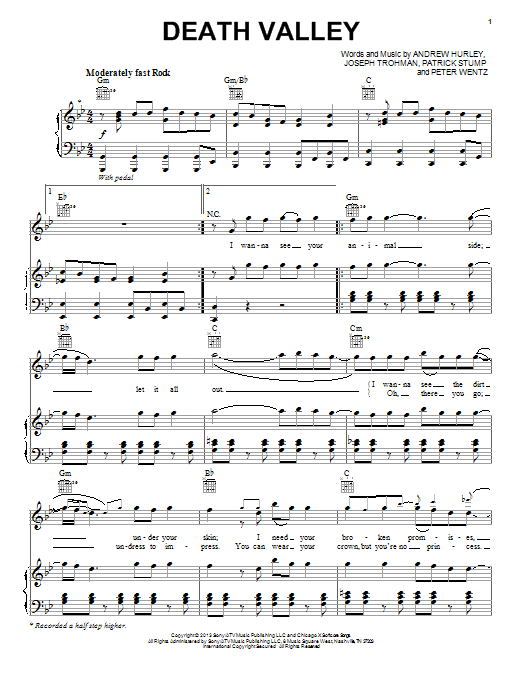 Download Fall Out Boy Death Valley Sheet Music and learn how to play Piano, Vocal & Guitar (Right-Hand Melody) PDF digital score in minutes