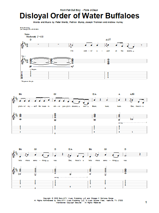 Download Fall Out Boy Disloyal Order Of Water Buffaloes Sheet Music and learn how to play Guitar Tab PDF digital score in minutes