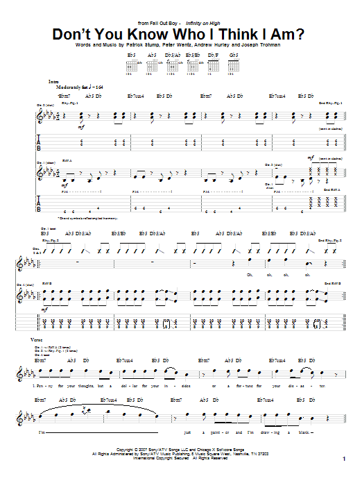 Download Fall Out Boy Don't You Know Who I Think I Am? Sheet Music and learn how to play Guitar Tab PDF digital score in minutes