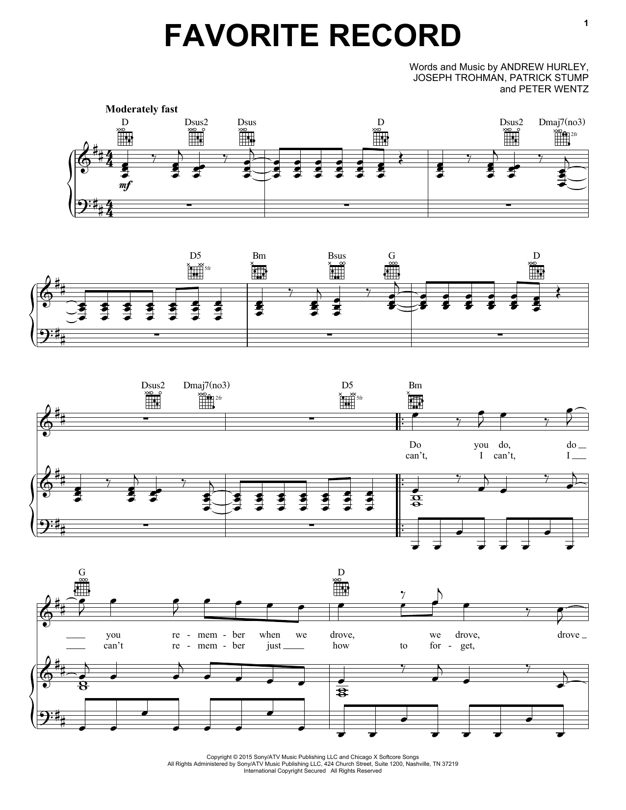 Download Fall Out Boy Favorite Record Sheet Music and learn how to play Piano, Vocal & Guitar (Right-Hand Melody) PDF digital score in minutes