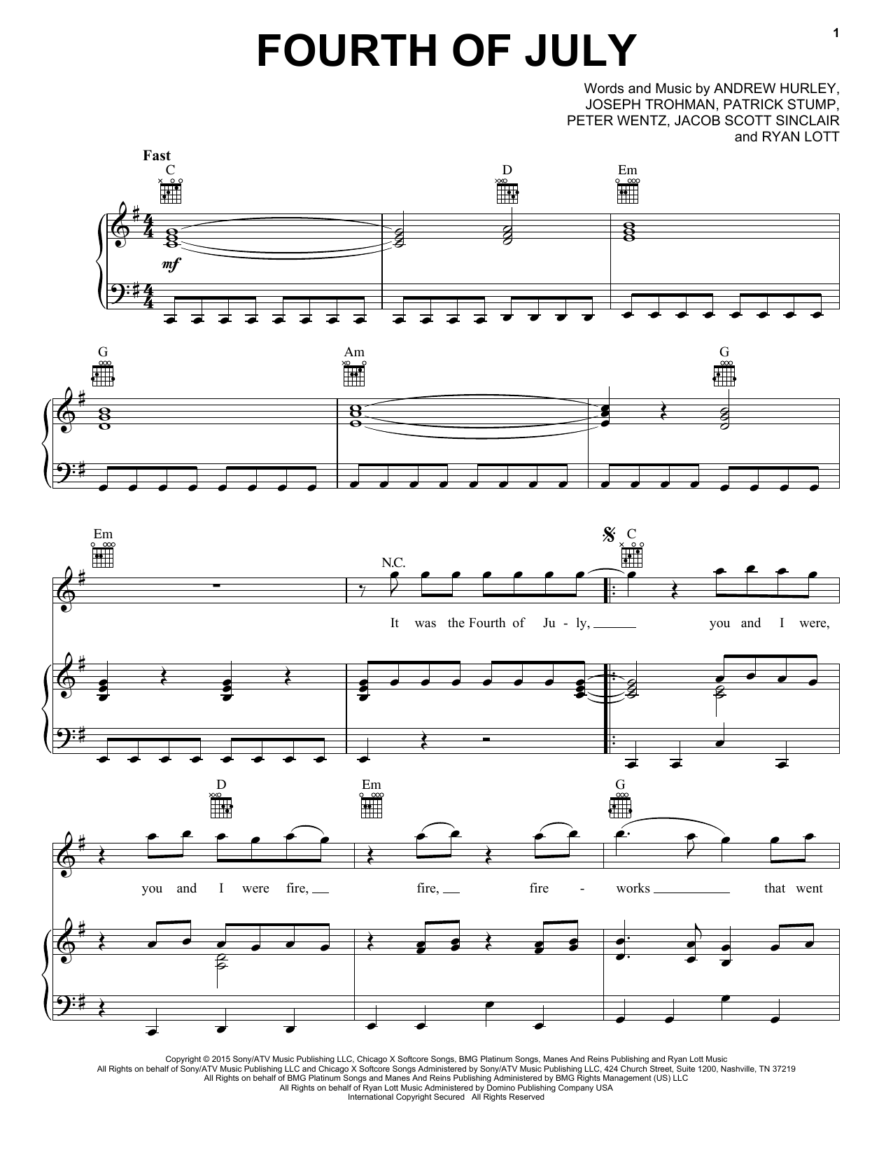 Download Fall Out Boy Fourth Of July Sheet Music and learn how to play Piano, Vocal & Guitar (Right-Hand Melody) PDF digital score in minutes