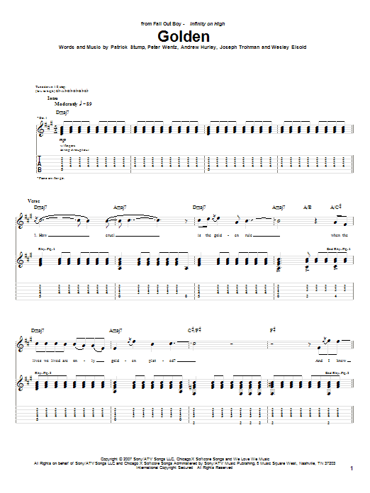 Download Fall Out Boy Golden Sheet Music and learn how to play Guitar Tab PDF digital score in minutes
