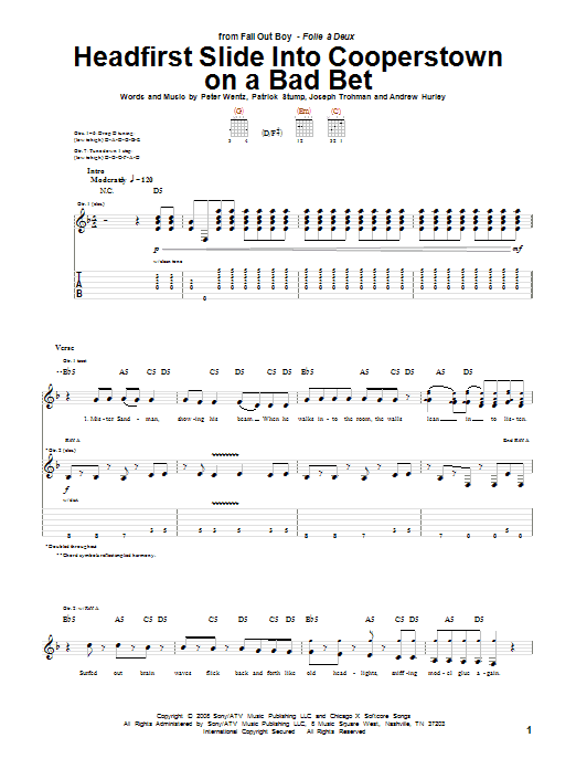 Download Fall Out Boy Headfirst Slide Into Cooperstown On A Bad Bet Sheet Music and learn how to play Guitar Tab PDF digital score in minutes