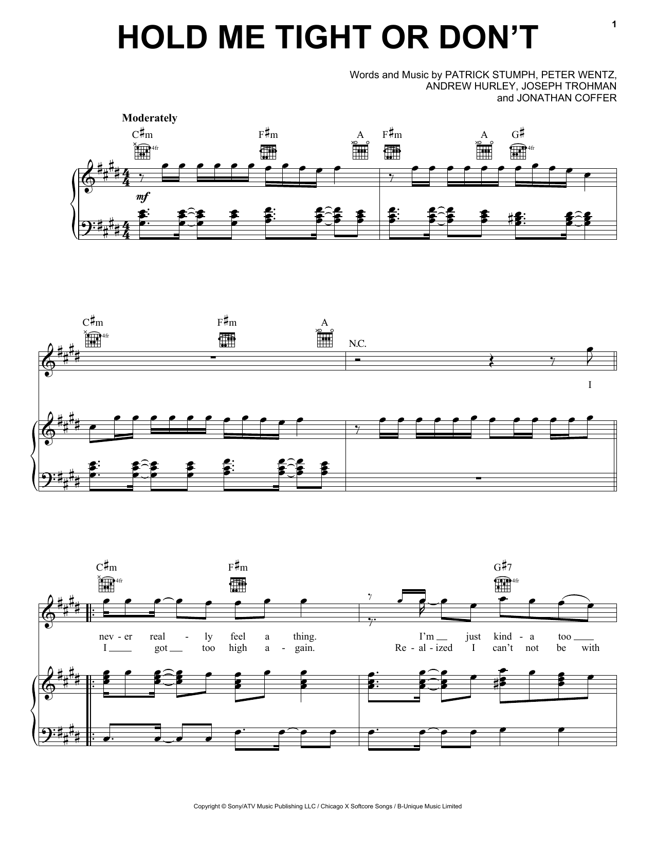 Download Fall Out Boy Hold Me Tight Or Don't Sheet Music and learn how to play Piano, Vocal & Guitar (Right-Hand Melody) PDF digital score in minutes
