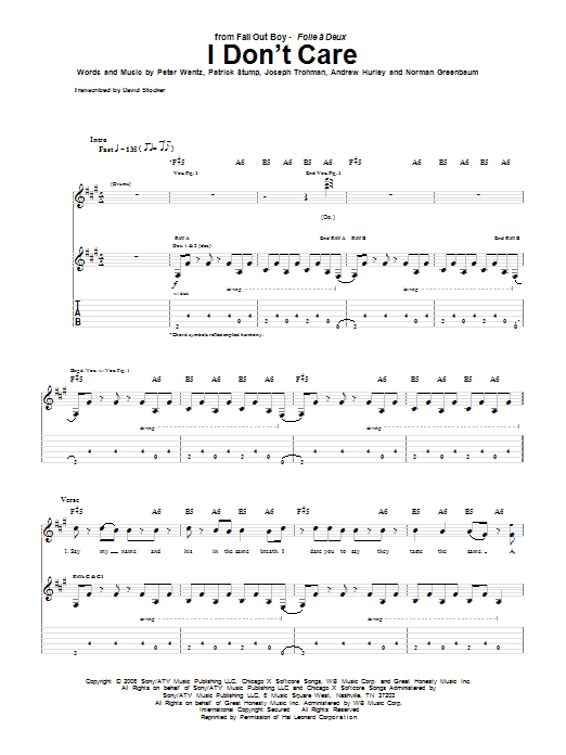 Download Fall Out Boy I Don't Care Sheet Music and learn how to play Piano, Vocal & Guitar (Right-Hand Melody) PDF digital score in minutes