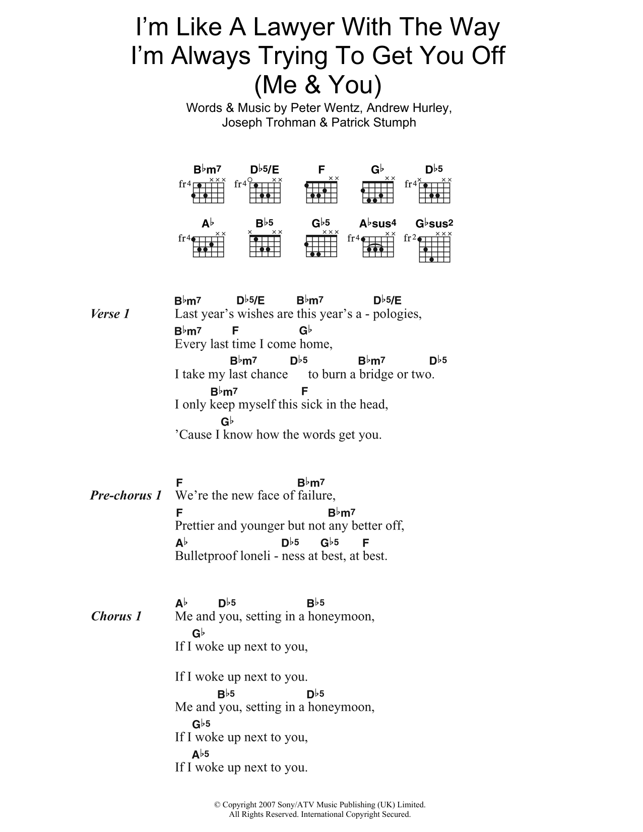 Download Fall Out Boy I'm Like A Lawyer With The Way I'm Always Trying To Get You Off (Me and You) Sheet Music and learn how to play Guitar Chords/Lyrics PDF digital score in minutes