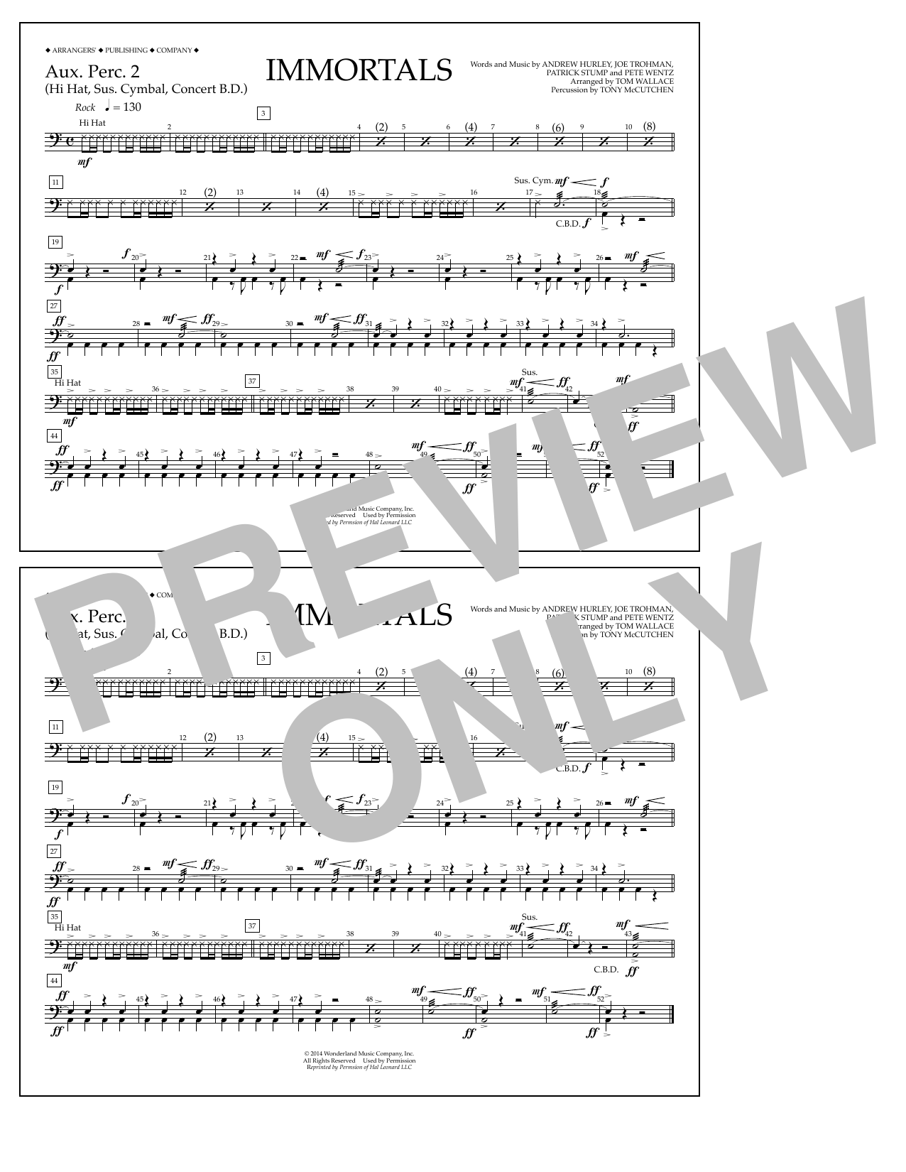 Download Fall Out Boy Immortals (from Big Hero 6) (arr. Tom Wallace) - Aux. Perc. 2 Sheet Music and learn how to play Marching Band PDF digital score in minutes