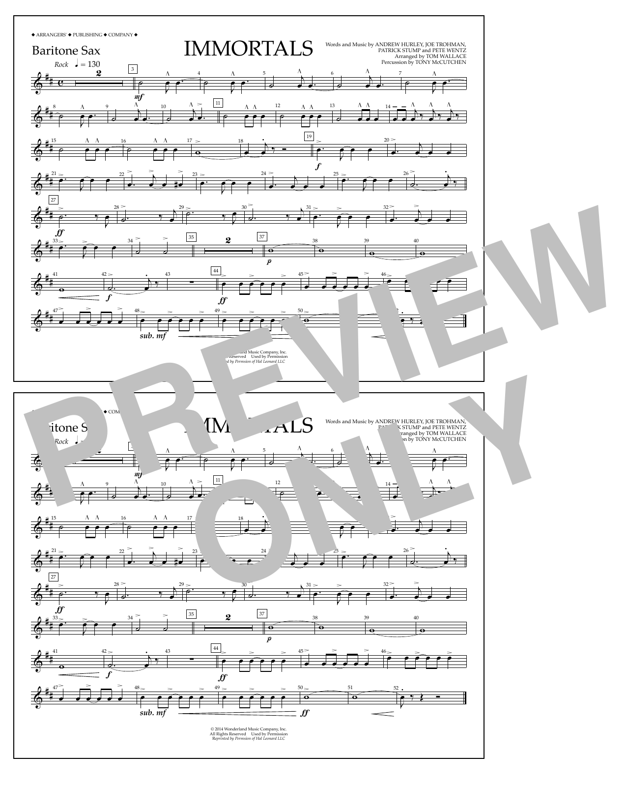 Download Fall Out Boy Immortals (from Big Hero 6) (arr. Tom Wallace) - Baritone Sax Sheet Music and learn how to play Marching Band PDF digital score in minutes