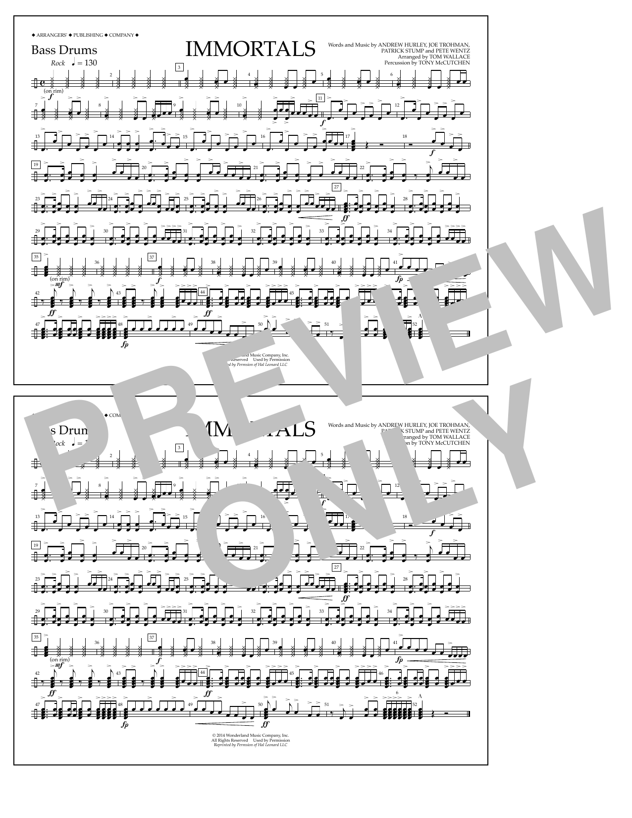 Download Fall Out Boy Immortals (from Big Hero 6) (arr. Tom Wallace) - Bass Drums Sheet Music and learn how to play Marching Band PDF digital score in minutes