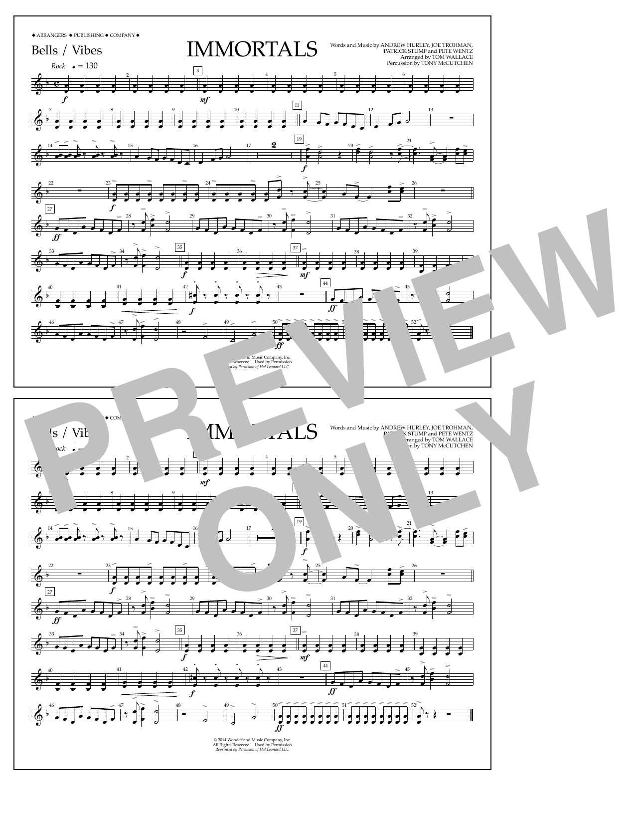 Download Fall Out Boy Immortals (from Big Hero 6) (arr. Tom Wallace) - Bells/Vibes Sheet Music and learn how to play Marching Band PDF digital score in minutes