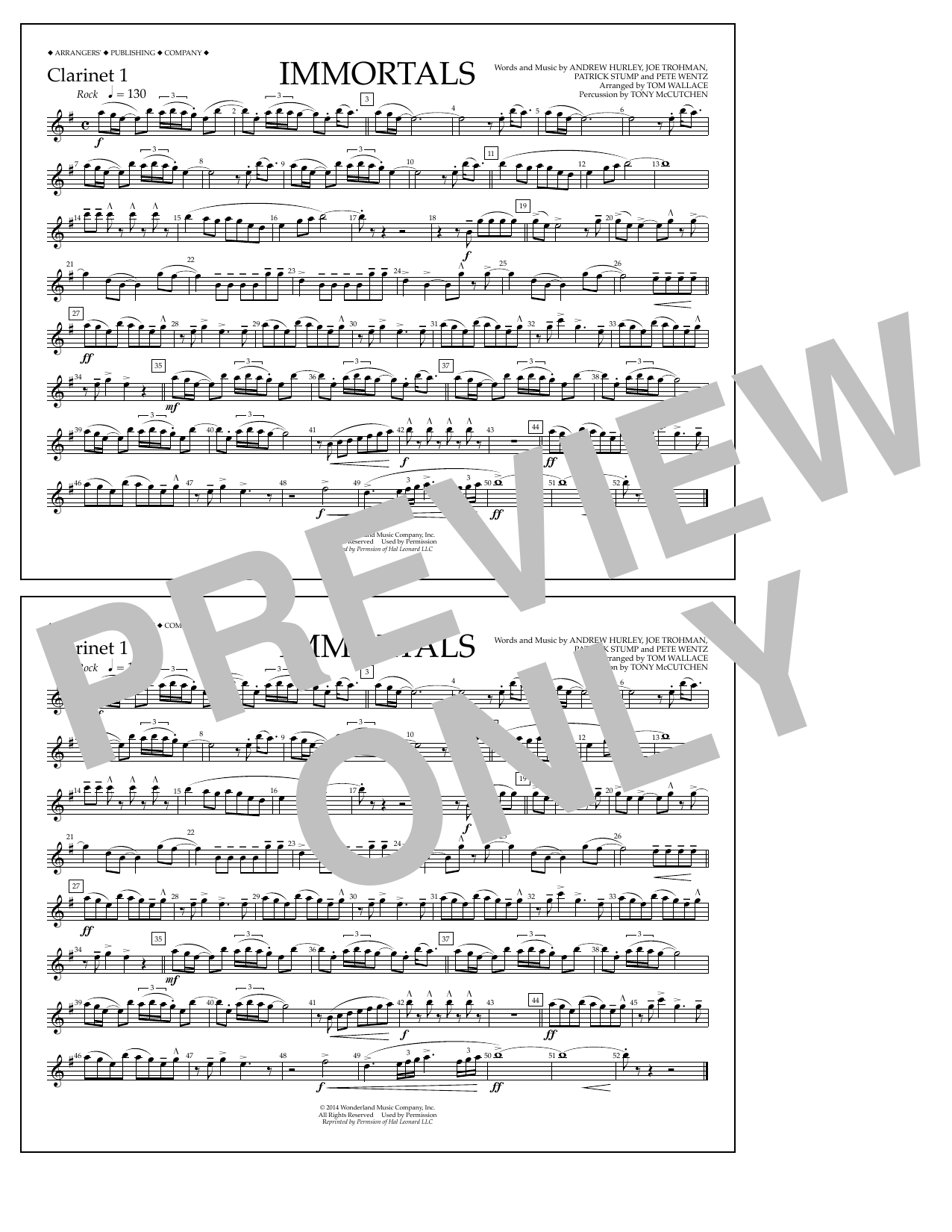 Download Fall Out Boy Immortals (from Big Hero 6) (arr. Tom Wallace) - Clarinet 1 Sheet Music and learn how to play Marching Band PDF digital score in minutes