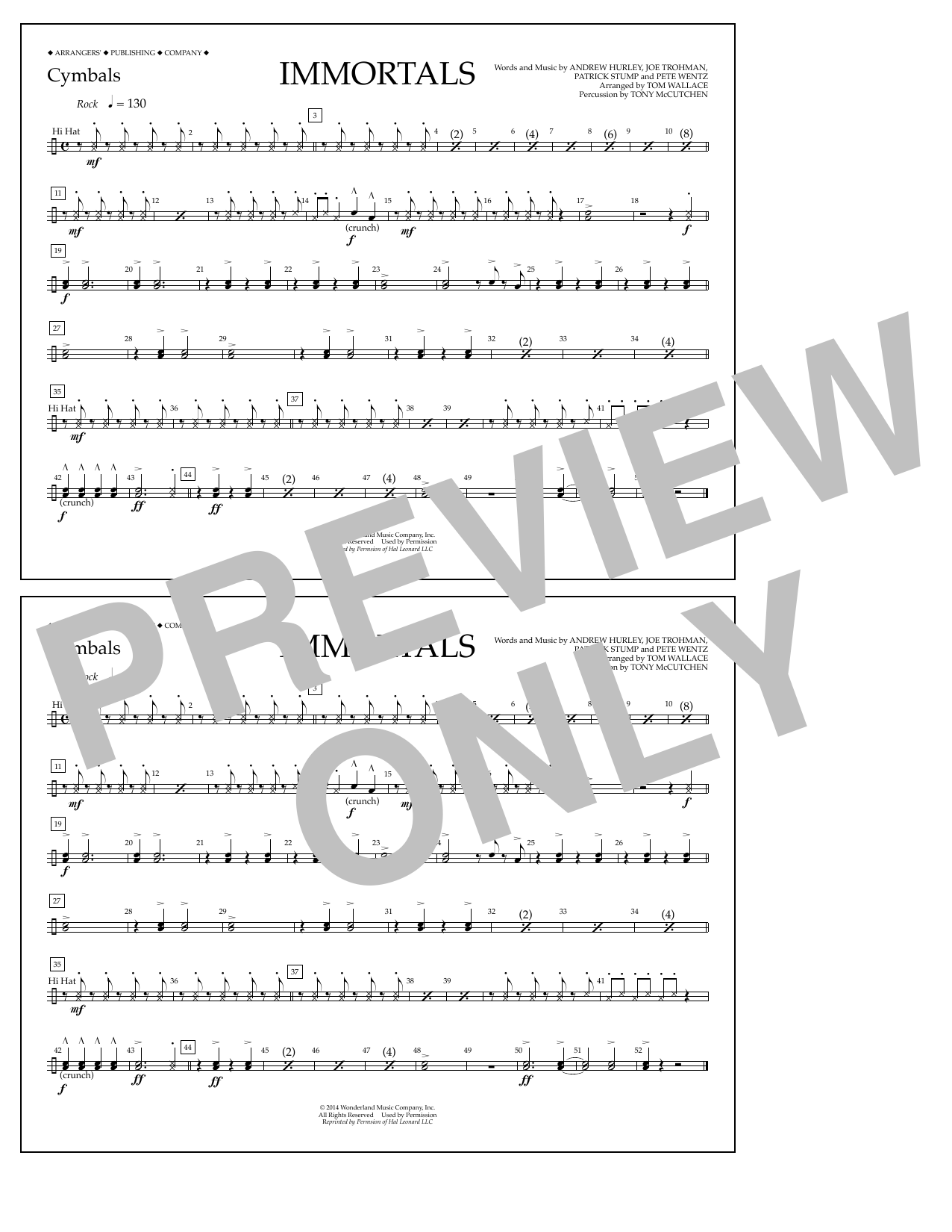 Download Fall Out Boy Immortals (from Big Hero 6) (arr. Tom Wallace) - Cymbals Sheet Music and learn how to play Marching Band PDF digital score in minutes
