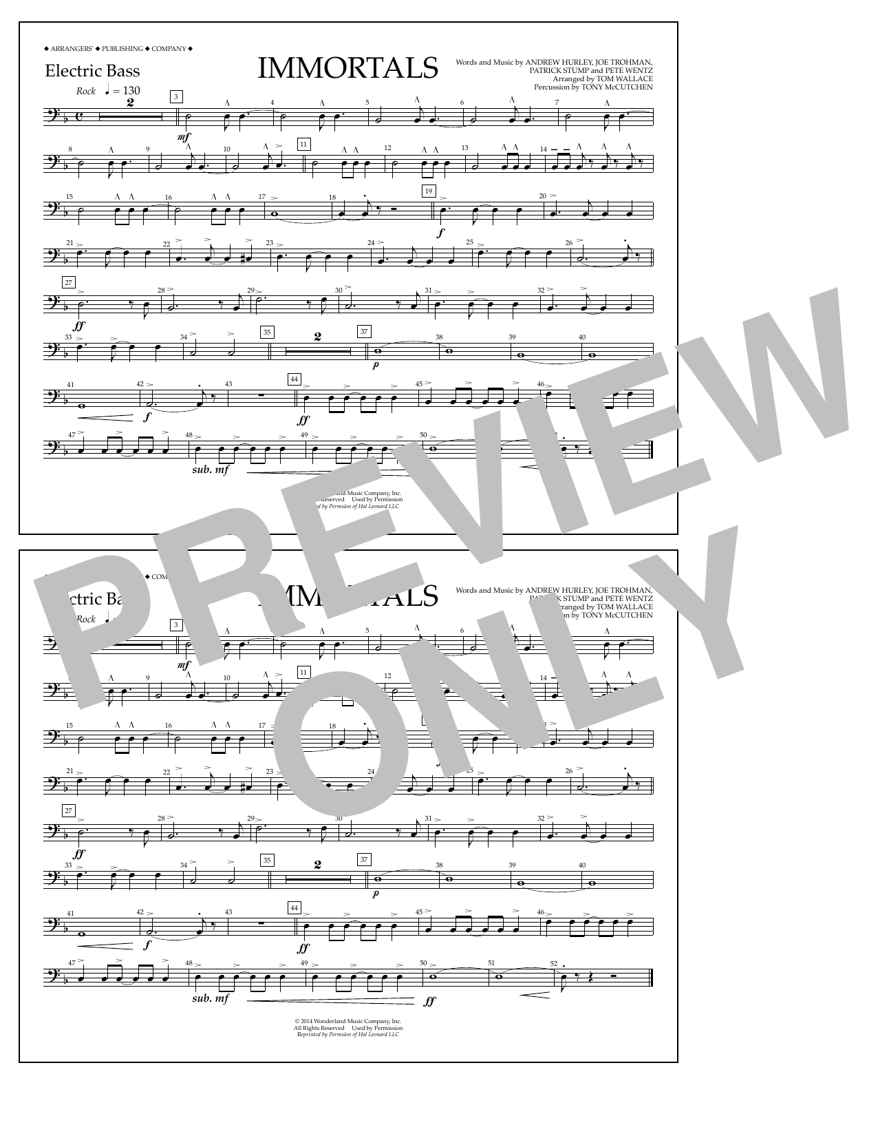 Download Fall Out Boy Immortals (from Big Hero 6) (arr. Tom Wallace) - Electric Bass Sheet Music and learn how to play Marching Band PDF digital score in minutes