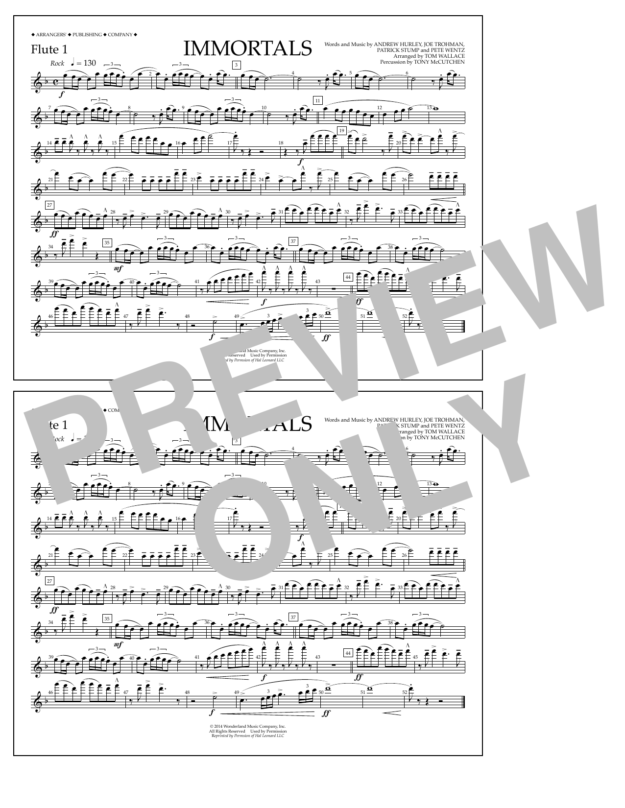 Download Fall Out Boy Immortals (from Big Hero 6) (arr. Tom Wallace) - Flute 1 Sheet Music and learn how to play Marching Band PDF digital score in minutes