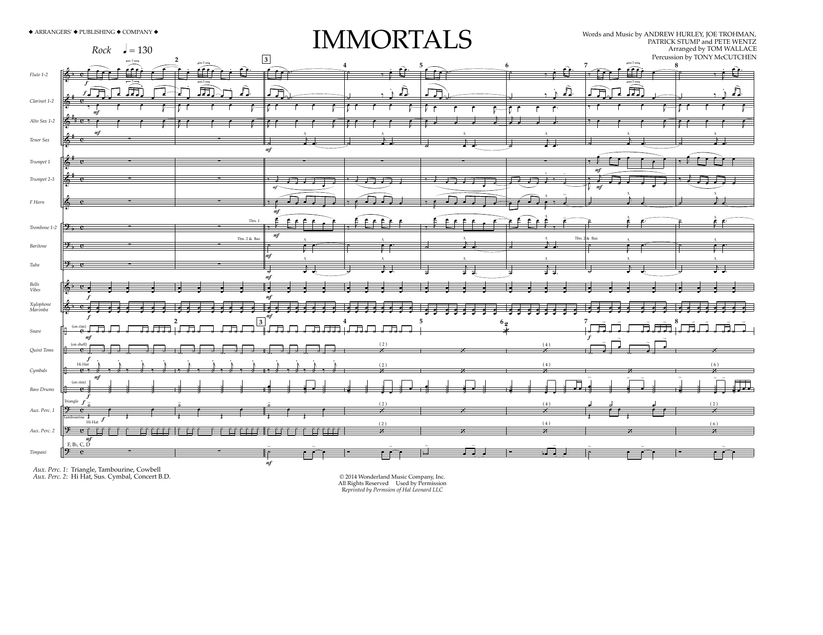 Download Fall Out Boy Immortals (from Big Hero 6) (arr. Tom Wallace) - Full Score Sheet Music and learn how to play Marching Band PDF digital score in minutes