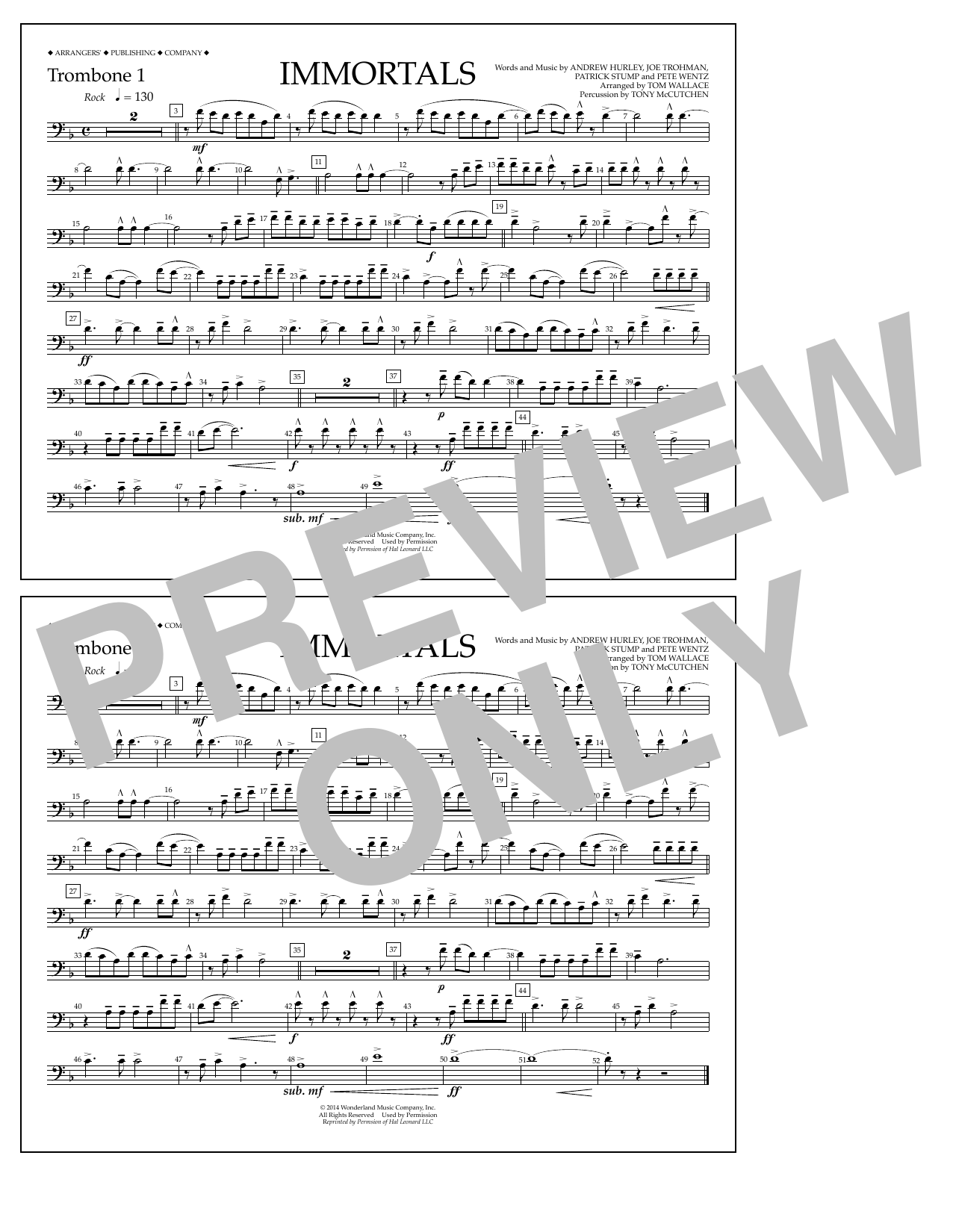 Download Fall Out Boy Immortals (from Big Hero 6) (arr. Tom Wallace) - Trombone 1 Sheet Music and learn how to play Marching Band PDF digital score in minutes