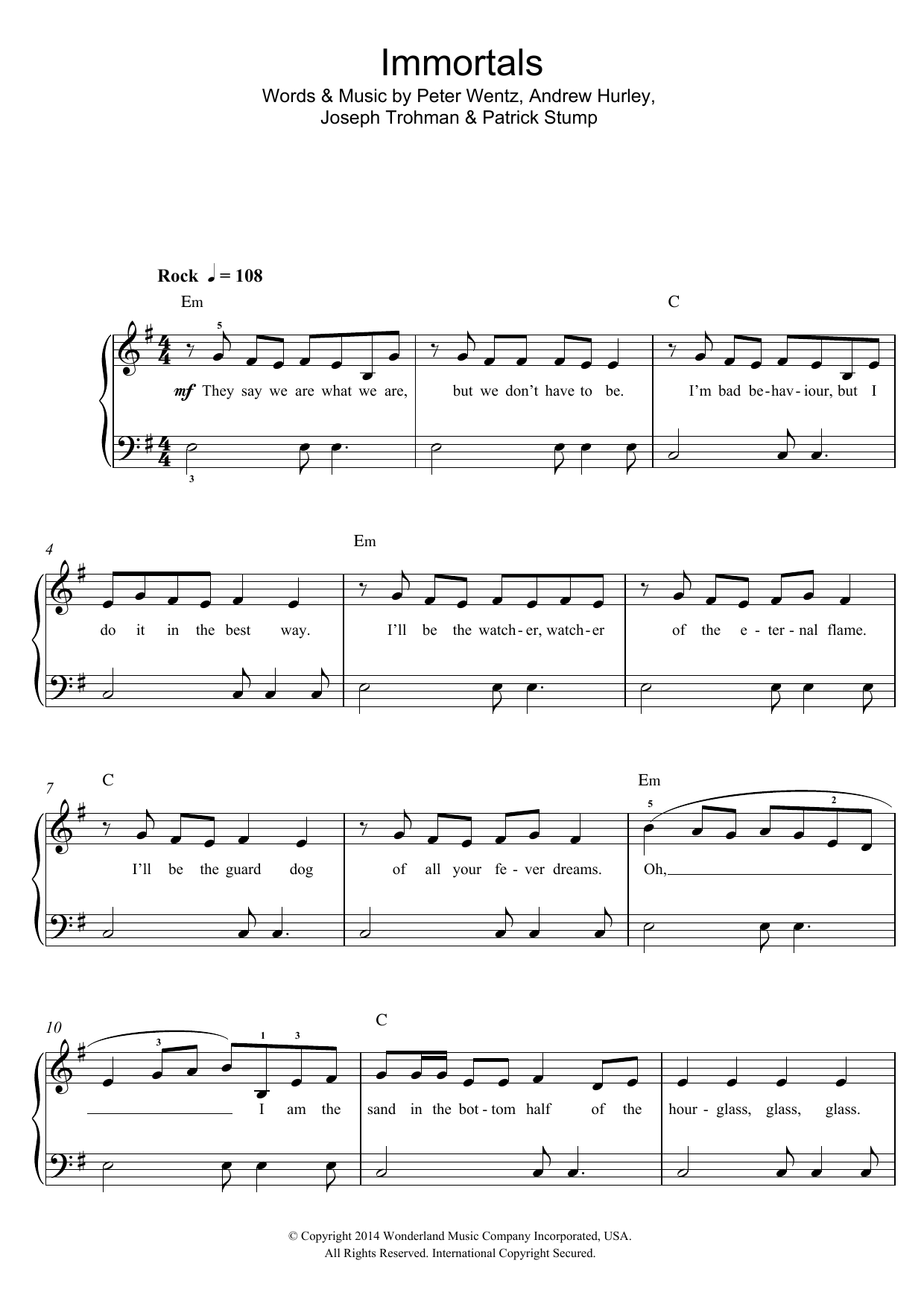 Download Fall Out Boy Immortals (From 'Big Hero 6') Sheet Music and learn how to play Beginner Piano PDF digital score in minutes