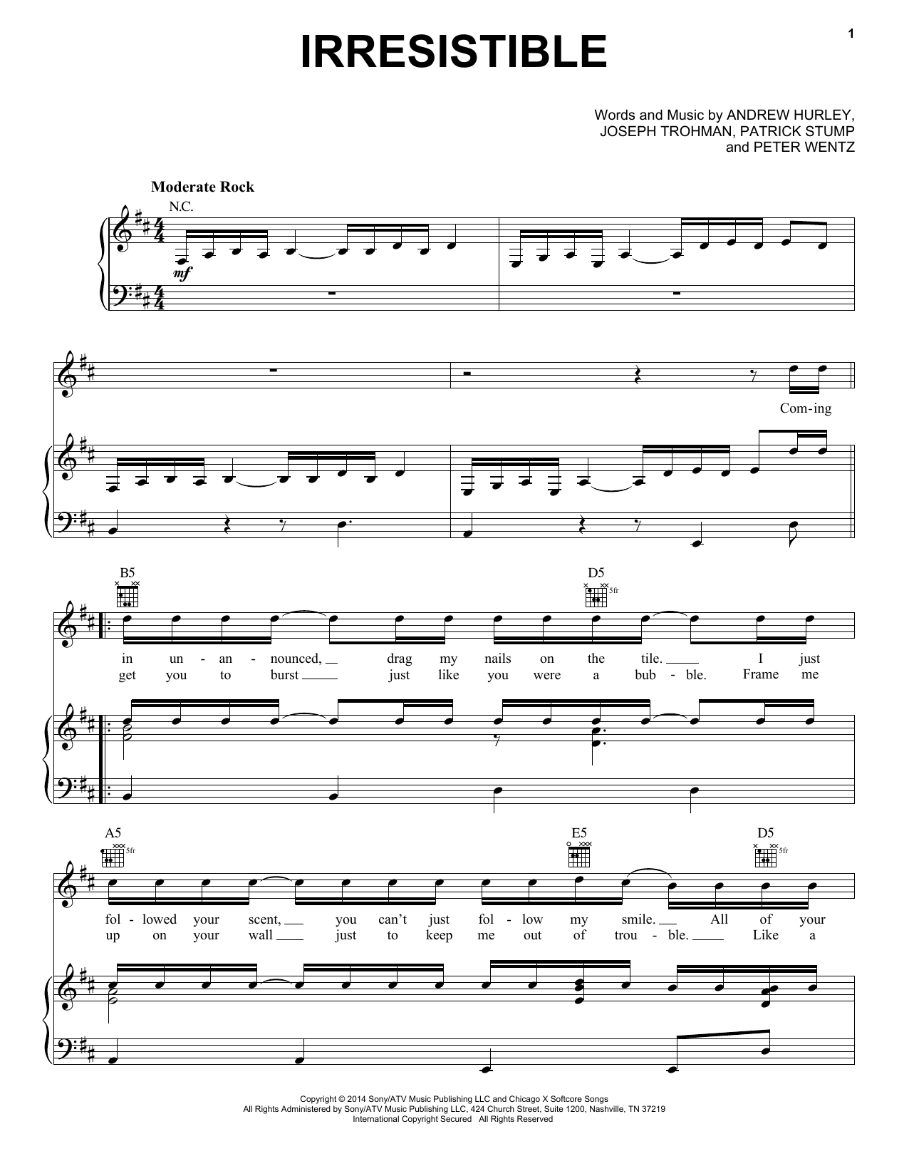 Download Fall Out Boy Irresistible Sheet Music and learn how to play Piano, Vocal & Guitar (Right-Hand Melody) PDF digital score in minutes