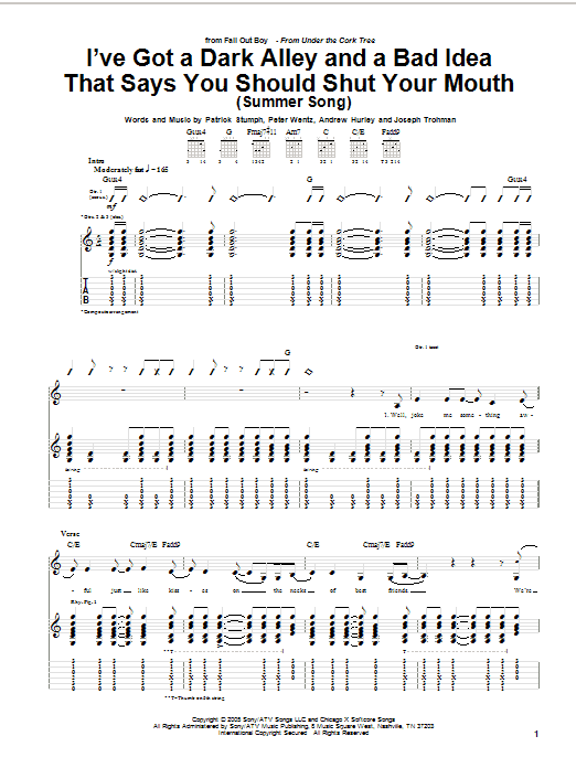 Download Fall Out Boy I've Got A Dark Alley And A Bad Idea That Says You Should Shut Your Mouth (Summe Sheet Music and learn how to play Guitar Tab PDF digital score in minutes