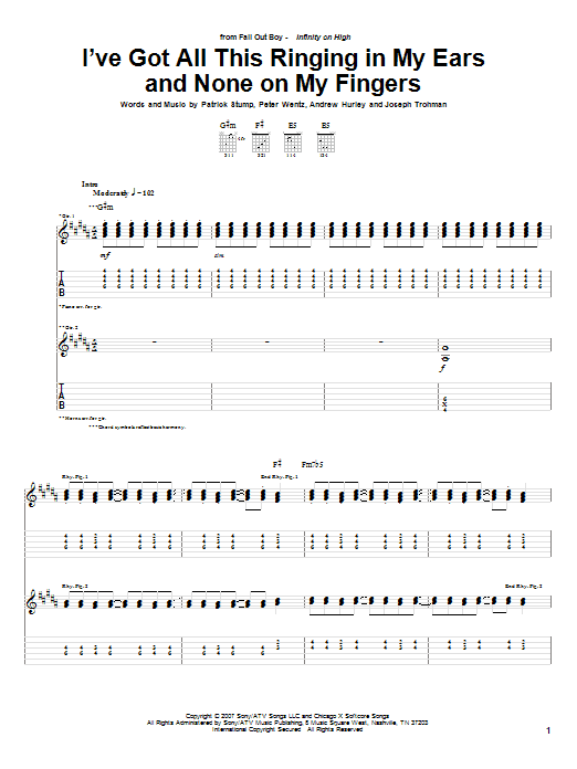 Download Fall Out Boy I've Got All This Ringing In My Ears And None On My Fingers Sheet Music and learn how to play Guitar Tab PDF digital score in minutes