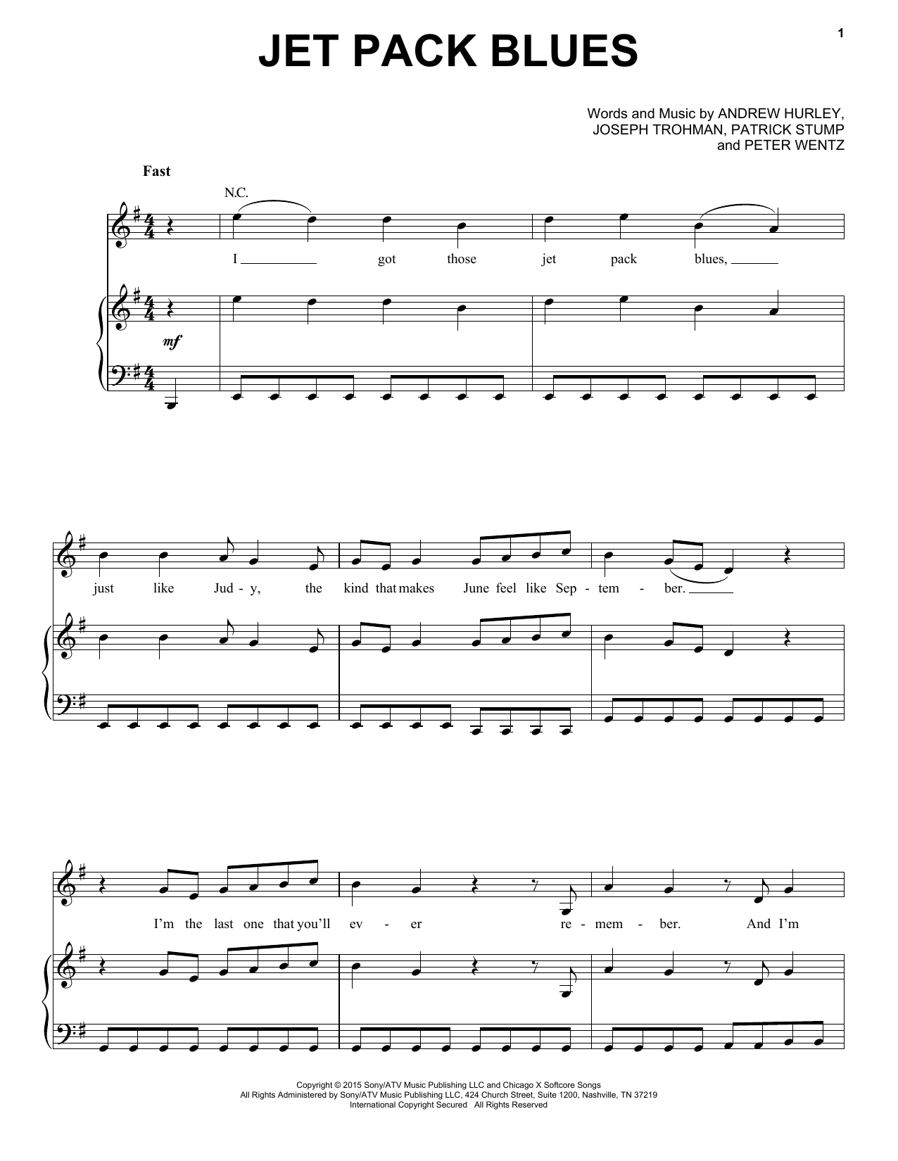 Download Fall Out Boy Jet Pack Blues Sheet Music and learn how to play Piano, Vocal & Guitar (Right-Hand Melody) PDF digital score in minutes