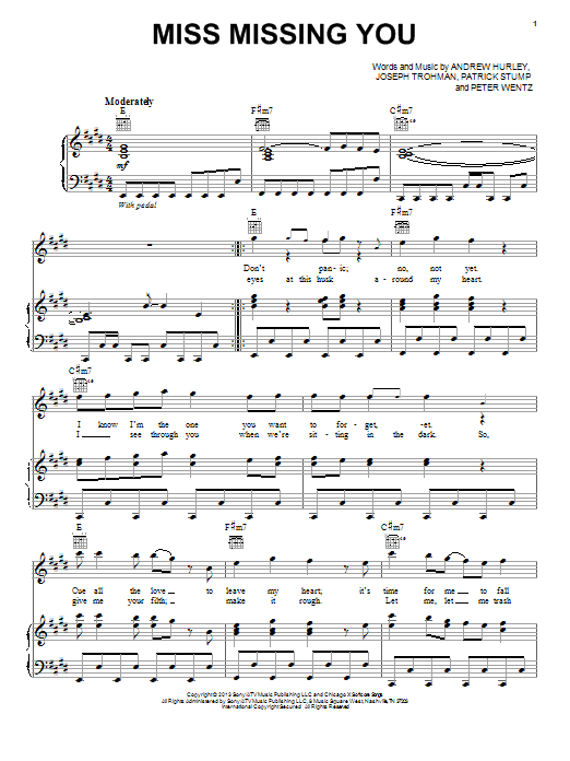 Download Fall Out Boy Miss Missing You Sheet Music and learn how to play Piano, Vocal & Guitar (Right-Hand Melody) PDF digital score in minutes